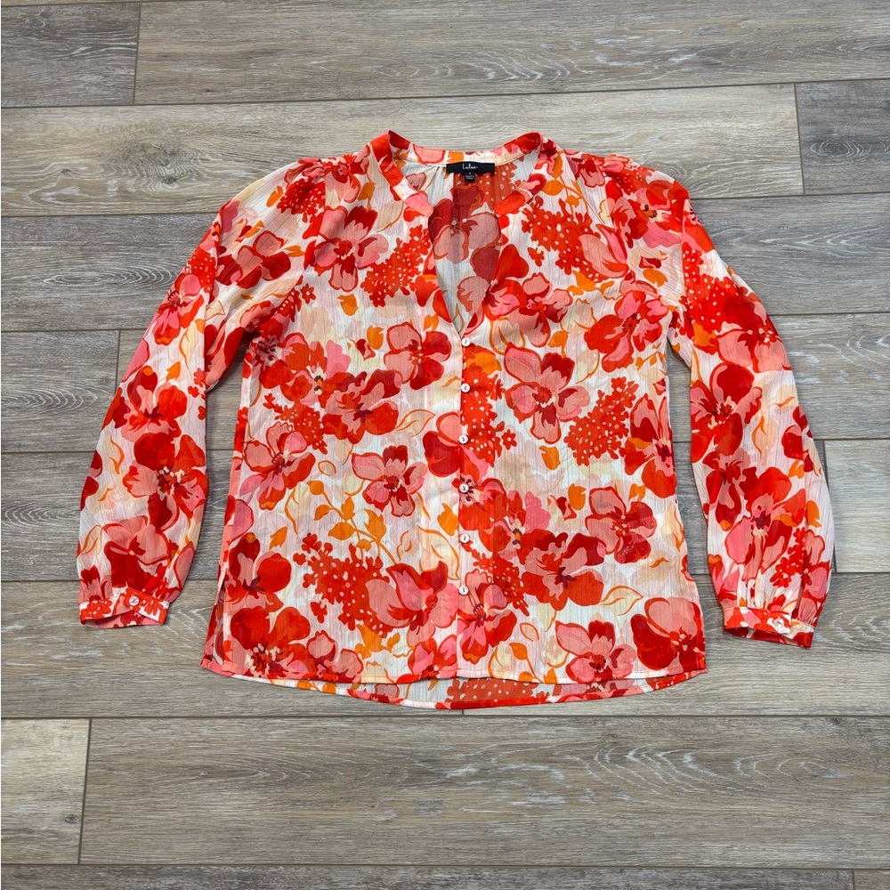 Lulu's Sunny Muse Top Sz S Floral Lurex Sheer Blouse Office Work Tropical Beach